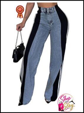 Women's High Waisted Wide Leg Jeans Striped Patchwork Loose Denim Pants